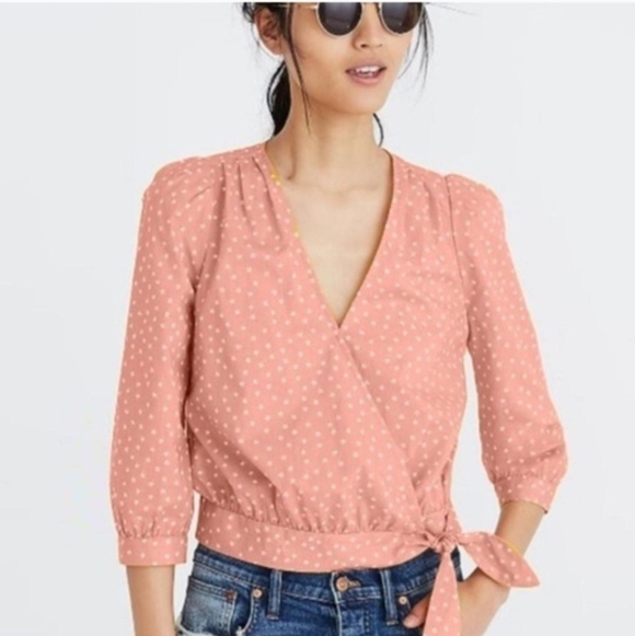 Madewell Peach/Coral Cotton Wrap Top Star Design sz XXS Preppy 4th Of July - Picture 13 of 13